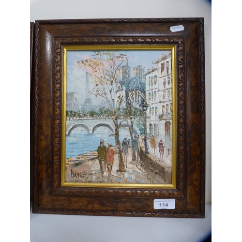 114 - BurnettPair of French street scene showing the Eiffel Tower, and a 19th century still life.... 