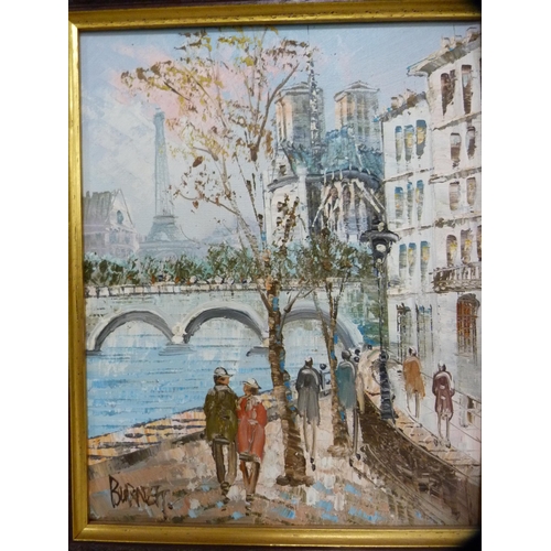 114 - BurnettPair of French street scene showing the Eiffel Tower, and a 19th century still life.... 