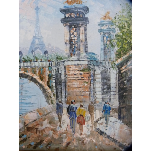 114 - BurnettPair of French street scene showing the Eiffel Tower, and a 19th century still life.... 