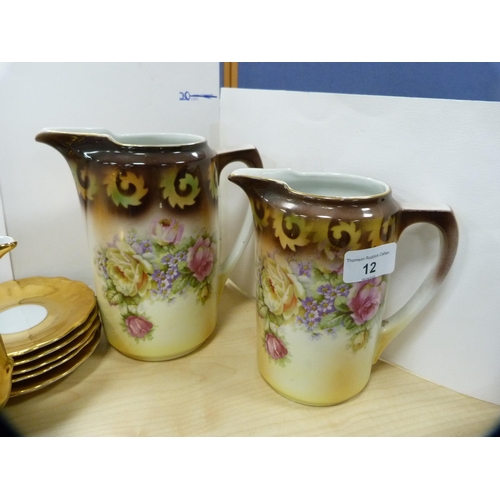 12 - Pair of graduated floral decorated jugs and a Bavarian gilt coffee service.