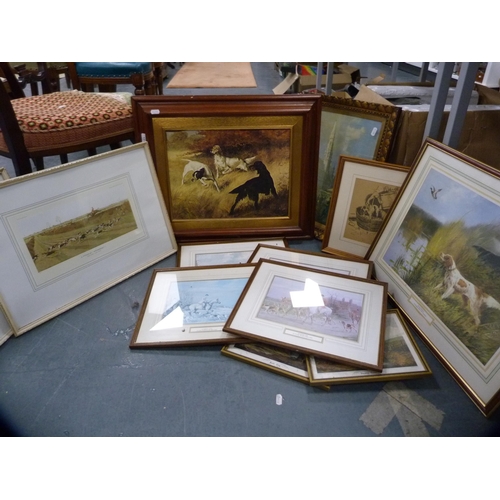 121 - Collection of various prints and pictures to include hunting scenes, hounds etc.