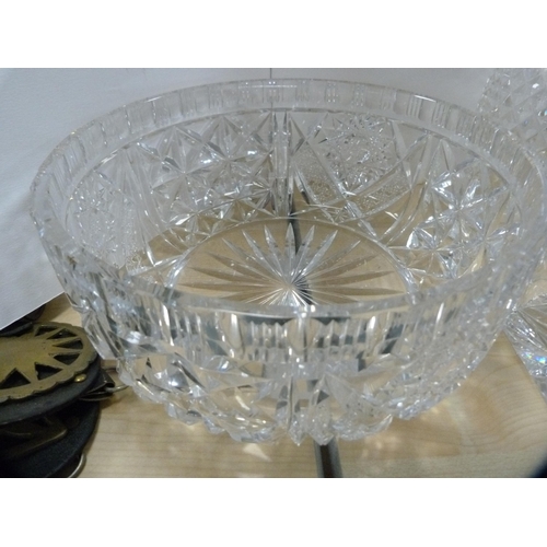 131 - Large cut glass fruit bowl, three decanters and three other items.