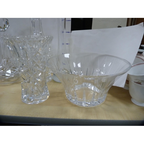 131 - Large cut glass fruit bowl, three decanters and three other items.