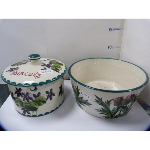 135 - Wemyss Ware floral decorated box and cover and a Wemyss Ware thistle decorated bowl retailed by T Go... 