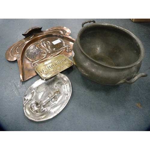 136A - Art Nouveau copper crumb tray in the style of the Newlyn School, a pewter twin handled bowl, WMF-sty... 