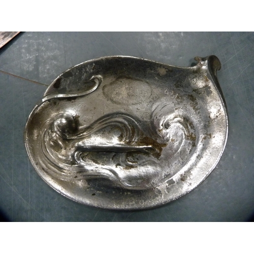 136A - Art Nouveau copper crumb tray in the style of the Newlyn School, a pewter twin handled bowl, WMF-sty... 