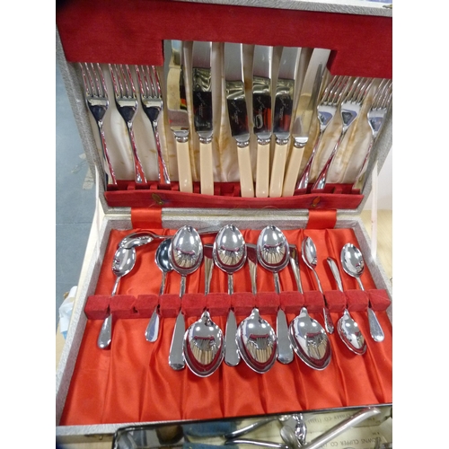 14 - Collection of EP to include three-piece tea set, cased canteen of cutlery, shears etc.