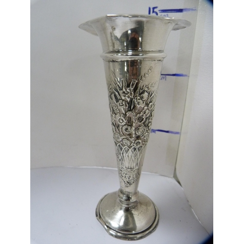 140 - Pair of silver rose vases embossed with baskets of flowers.  (2)