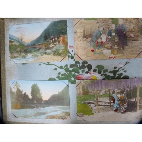 143 - Japanese lacquered postcard album containing postcards to include royalty, farming and landscape sce... 