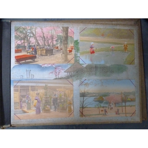 143 - Japanese lacquered postcard album containing postcards to include royalty, farming and landscape sce... 