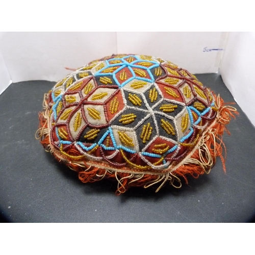 145 - Prisoner of war beadwork embroidered pin cushion.