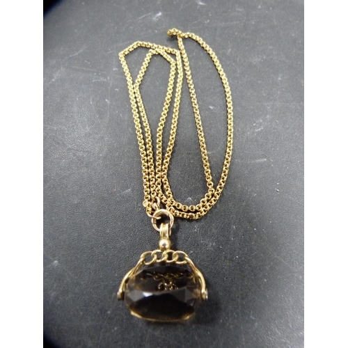 151 - Quartz fob on yellow metal mount and 9ct gold chain, chain approximately 4.5g.