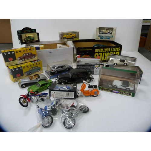 161 - Two cartons containing diecast cars and vehicles to include examples by Vanguards, Corgi, Motor Max ... 