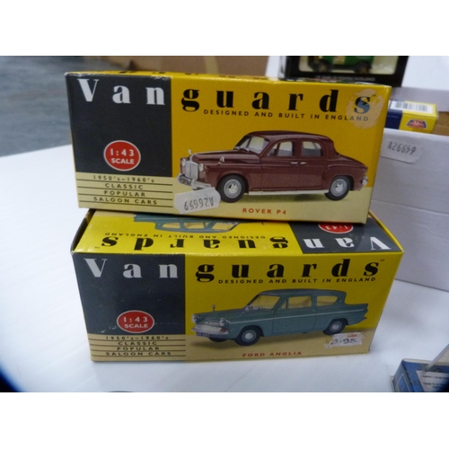 161 - Two cartons containing diecast cars and vehicles to include examples by Vanguards, Corgi, Motor Max ... 