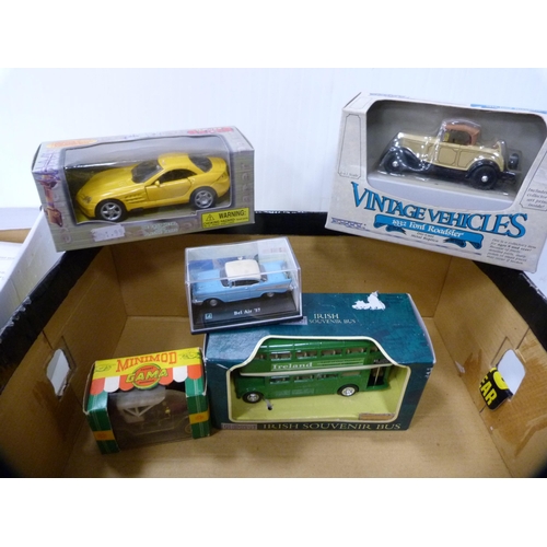 161 - Two cartons containing diecast cars and vehicles to include examples by Vanguards, Corgi, Motor Max ... 