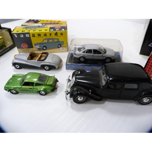 161 - Two cartons containing diecast cars and vehicles to include examples by Vanguards, Corgi, Motor Max ... 