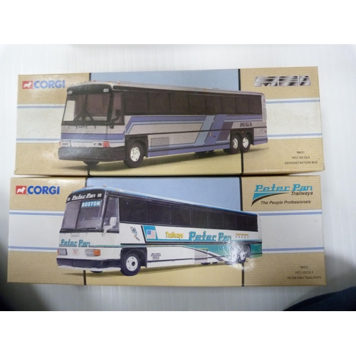 170 - Four Corgi boxed diecast coaches to include Peter Pan Trailways, MCI Demonstration Bus, Peter Pan Bi... 