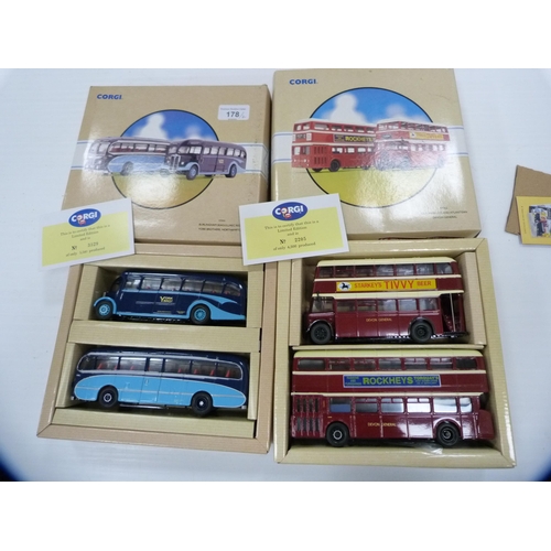 178 - Two boxed Corgi diecast buses, Guy Arab/Leyland Atlantean - Devon General and Burlingham Seagull/AEC... 