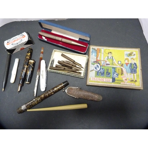 195 - Two Parker fountain pens with 14k gold nibs, silver Yard o Led propelling pencil, pen knives, boxed ... 