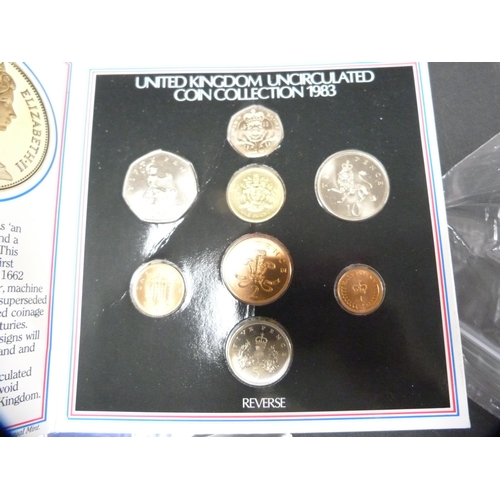 198 - Three sleeves containing UK uncirculated coin collections, 1983 and 1984, also Queen Victoria and la... 