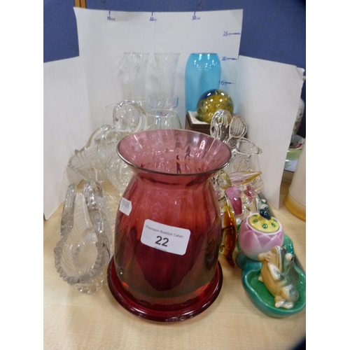 22 - Three cut glass swan ornaments, pair of rose holders, coloured glass vase, frog condiment set etc.