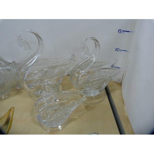 22 - Three cut glass swan ornaments, pair of rose holders, coloured glass vase, frog condiment set etc.