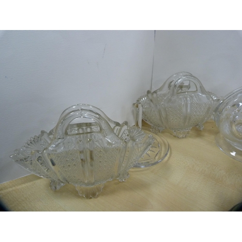 22 - Three cut glass swan ornaments, pair of rose holders, coloured glass vase, frog condiment set etc.