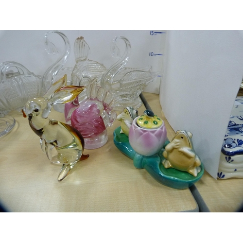 22 - Three cut glass swan ornaments, pair of rose holders, coloured glass vase, frog condiment set etc.