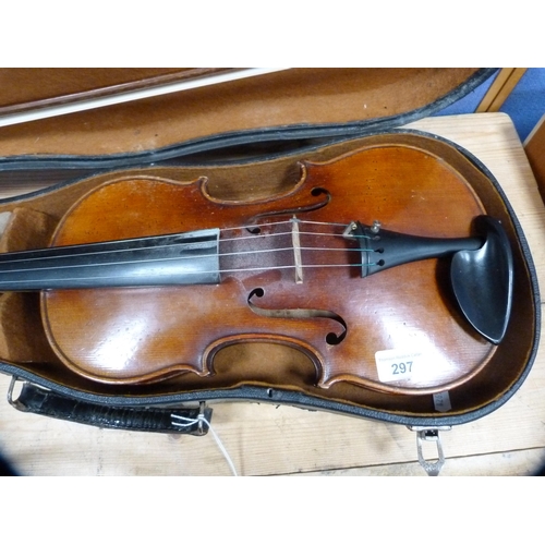 297 - Antique violin, single piece back, with bow, in fitted case.