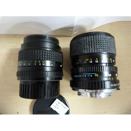 313 - Pentax K1000 camera with Tokina 70-210mm lens, Asahi Pentax ME camera with 35-70mm lens, and a Prakt... 