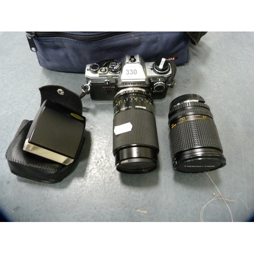 330 - Olympus OM10 camera with Miranda 70-210mm lens and accessories etc.