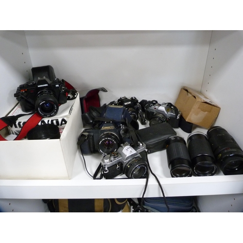 340 - Group of cameras to include Pentax MX with Asahi 50mm lens, Canon AV-1 with Sigma lens, boxed Mirand... 