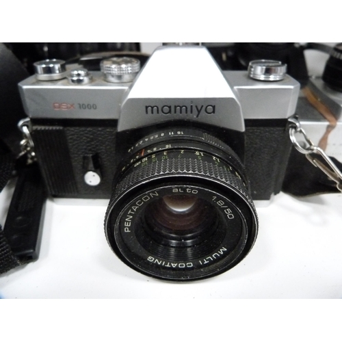 342 - Group of cameras to include a Pentax ME Super with Hoya 58mm lens, Mamiya, Canon, Minolta, Fujica, C... 