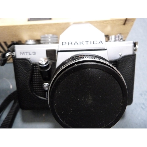 347 - Carton containing cameras to include a Praktica MTL3 with Carl Zeiss Tessar lens, Praktica B100, Pra... 