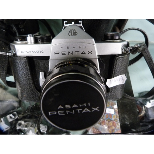 363 - Asahi Pentax Spotmatic camera with Super Takumar lens, another Asahi Pentax, and a Takumar 25/135mm ... 