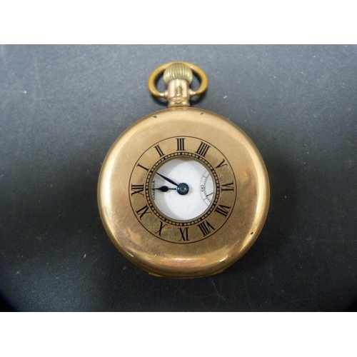 383 - Omega rolled gold half hunter pocket watch.