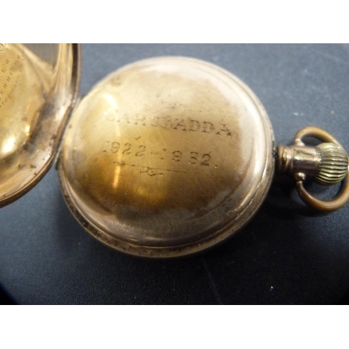 383 - Omega rolled gold half hunter pocket watch.