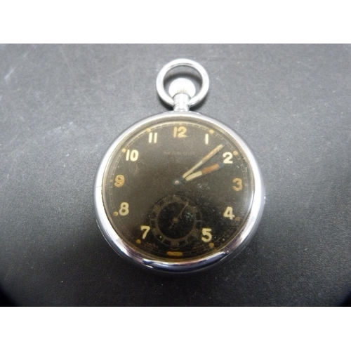 387 - Two military issue pocket watches, both with black dials, one stamped G.S.T.P, no. 259468.  (2)