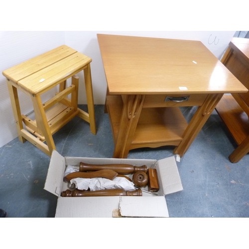 410 - Art Nouveau-style two-tier occasional table with drawer, dismantled table and a stool.