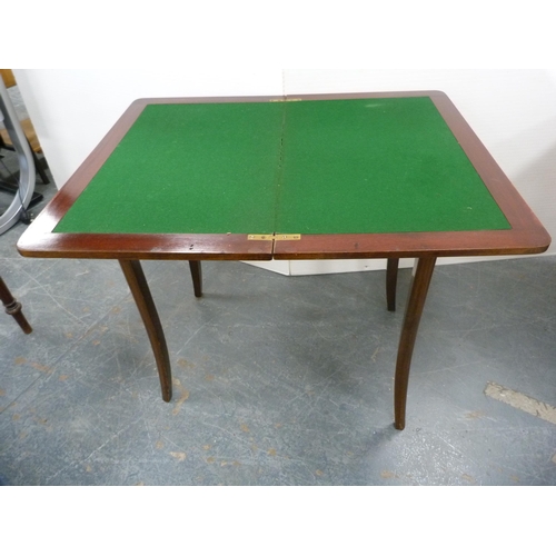 413 - Mahogany fold-over games table with green baize interior.