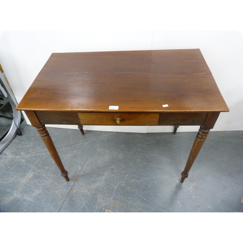 414 - Regency-style mahogany writing table with single drawer, on turned supports.