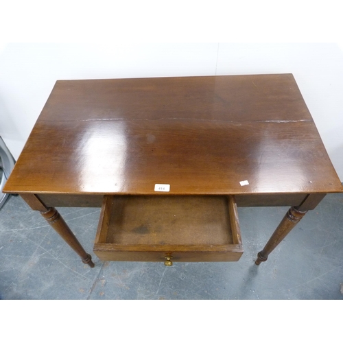 414 - Regency-style mahogany writing table with single drawer, on turned supports.