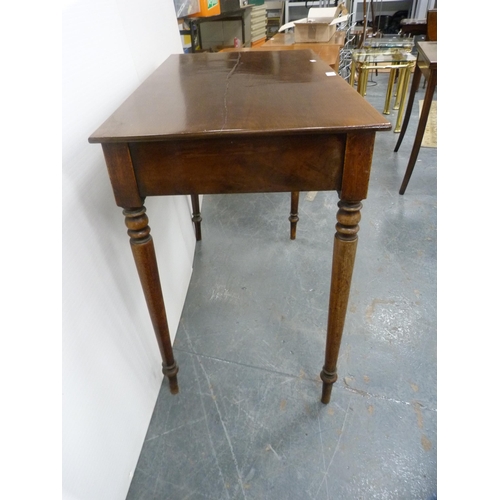 414 - Regency-style mahogany writing table with single drawer, on turned supports.