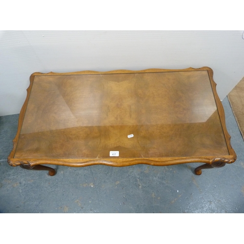 417 - Walnut long john-style coffee table with glass top.