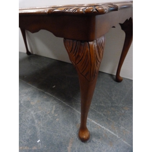 417 - Walnut long john-style coffee table with glass top.