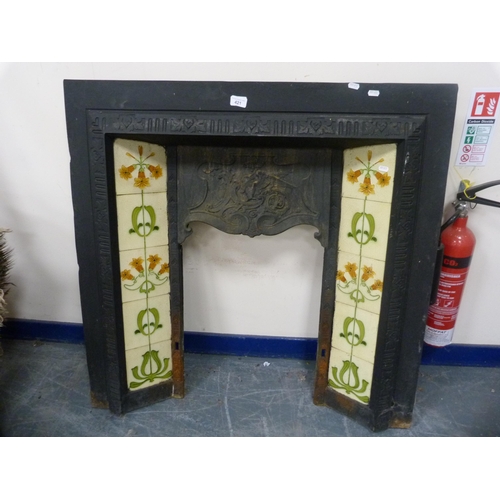 421 - Antique cast iron fire surround with tiled inserts.