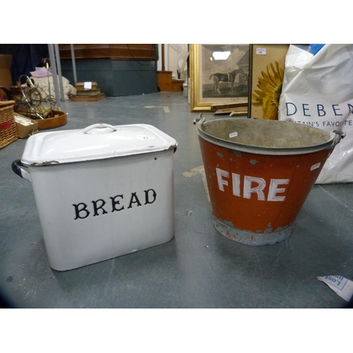 43 - White enamel bread bin and red fire bucket.