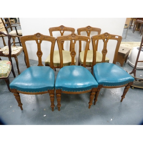 432 - Set of five late Victorian oak dining chairs with later upholstered seats.  (5)