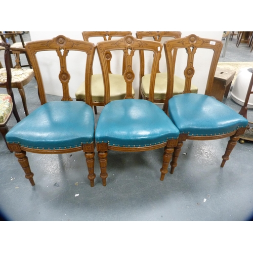 432 - Set of five late Victorian oak dining chairs with later upholstered seats.  (5)