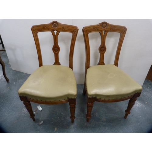 432 - Set of five late Victorian oak dining chairs with later upholstered seats.  (5)